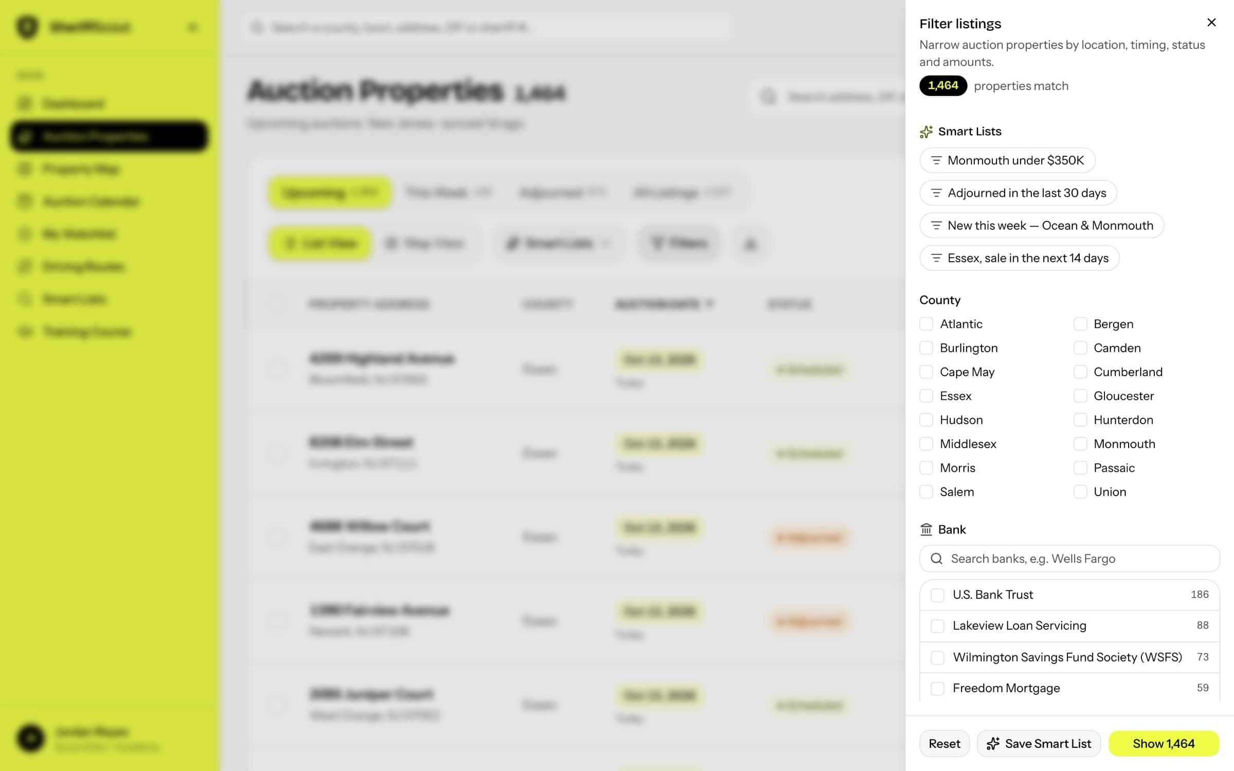 Filter panel with counties, banks and Smart Lists