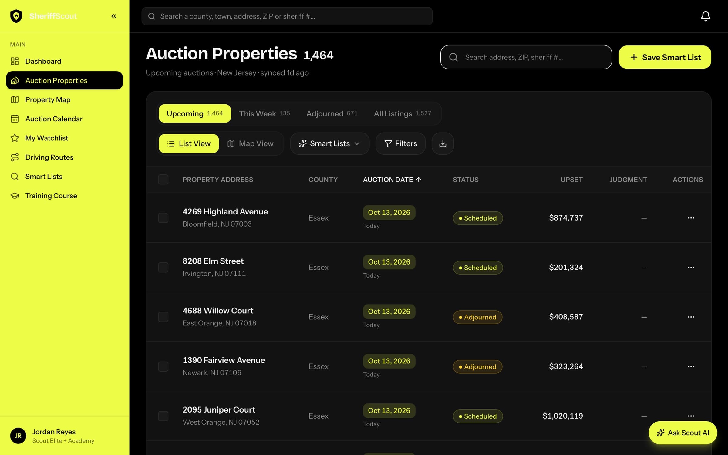 Auction Properties list in dark mode